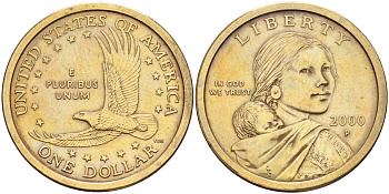 США 1 доллар 2000 Р, индианка Сакагавея KM 310 медь с марганцево-латунным покрытием 63-1117