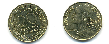 Франция 20 сантимов 1995 тип Marianne KM 930, Le Franc 156.39 медь алюминий никель 25-434