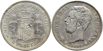 ИСПАНИЯ 5 ПЕСЕТ 1871 (71) SD-M, АМАДЕО I KM 666 серебро 02-203-13