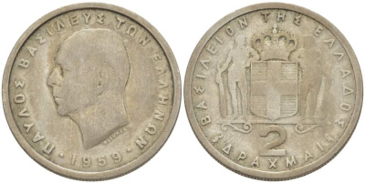 Греция 2 драхмы 1959 Павел I (1947-1964) KM 82 медно-никель 4523-512