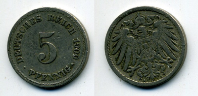 ГЕРМАНИЯ 5 ПФЕННИГОВ 1900 A, KM 11, J. 12 медно-никель 58-1142