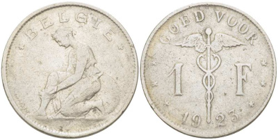 Бельгия 1 франк 1923 Belgie, Альберт I (1909-1934) KM 90 никель 210-1056
