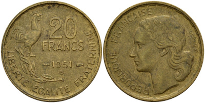 Франция 20 франков 1950 B, петух KM 917.1 алюминиевая бронза 4150-846