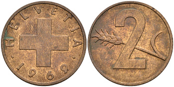 Швейцария 2 раппена 1969 KM 47 бронза 4525-156