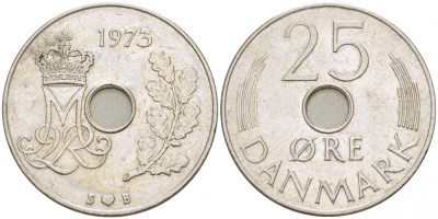 Дания 25 эре 1973 S; B, Маргрете II (1972- ) KM 861.1 медно-никель 4402-1245