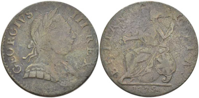 Великобритания 1/2 пенни 1775 Георг III (1760-1820) KM 601, Spink 3774 медь 00-00