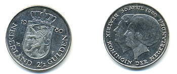 Нидерланды 2 1/2 гульдена 1980 коронация Беатрикс, 30 апреля 1980 KM 201 никель 83-643