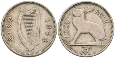 Ирландия 3 пенса 1946 заяц KM 12а медно-никель 92-223