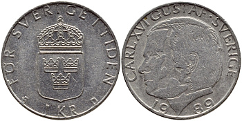 Швеция 1 крона 1989 Карл XVI Густав (1973- ) KM 852a медно-никель 4397-1255