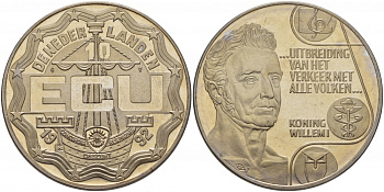 НИДЕРЛАНДЫ 10 ЭКЮ 1992 КОРОЛЬ ВИЛЛЕМ I, РАСШИРЕНИЕ ТОРГОВЛИ СО ВСЕМИ СТРАНАМИ, ДИАМЕТР 39 ММ. UNC 1077-7-63