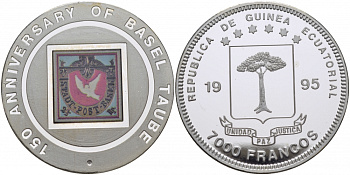 Экваториальная Гвинея 7000 франков 1995 150 лет первой Базельской почтовой марке "Taube" (голубка), цветная эмаль, тираж 7500 экз. KM 109 серебро PROOF 1077-1-63