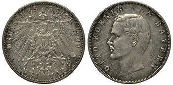 Бавария 3 марки 1909 Отто (1886-1913) Weege 45, J. 47, KM 515 серебро 3711-1912