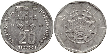 ПОРТУГАЛИЯ 20 ЭСКУДО 1986 INCM KM 634.1 медно-никель 4395-937