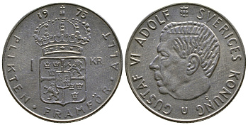 Швеция 1 крона 1973 Густав VI Адольф (1950-1973) KM 826а медь плакированная медно-никелем 4179-1214