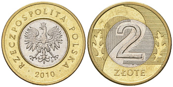 Польша 2 злотых 2010 MW KM 283 биметалл UNC 4566-615