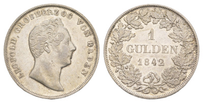 Баден 1 гульден 1842 Леопольд (1830-1852) KM 214, AKS 94, J. 56 серебро aUNC 00-822-86