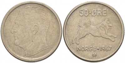 Норвегия 50 эре 1967 Улаф V (1957-1991), собака KM 408 медно-никель 3851-1255