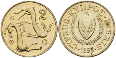 Кипр 2 цента 1991 KM 54.3 никель латунь 4174-1252