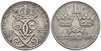 Швеция 1 эре 1942 Густав V (1907-1950) KM 810 железо 116-1128