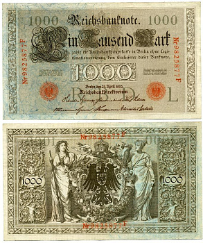 ГЕРМАНИЯ 1000 МАРОК 1910 КРАСНАЯ ПЕЧАТЬ, 7 ЦИФР В НОМЕРЕ Pick 44b бумага 3295-121-1-2