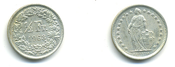 ШВЕЙЦАРИЯ 1/2 ФРАНКА 1963 В KM 23 серебро 93-1135