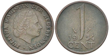 Нидерланды 1 цент 1954 Юлиана (1949-1980) KM 180 бронза 214-1027
