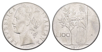 Италия 100 лир 1977 R, Афина у оливкого дерева KM 96.1 нержавеющая сталь 4633-755