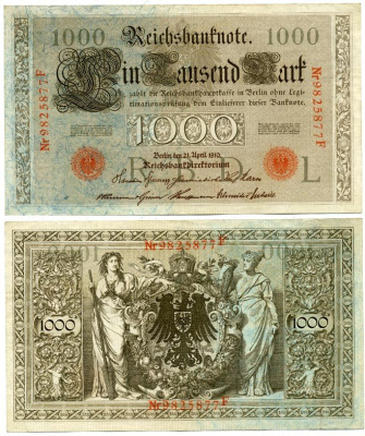 ГЕРМАНИЯ 1000 МАРОК 1910 КРАСНАЯ ПЕЧАТЬ, 7 ЦИФР В НОМЕРЕ Pick 44b бумага 3295-121-1-2