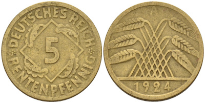 Германия 5 рентенпфеннигов 1924 A KM 32, J. 308 алюминиевая бронза 4151-658