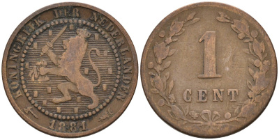 Нидерланды 1 цент 1881 Виллем III (1849-1890) KM 107 бронза 4576-557