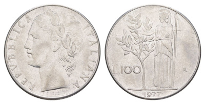 Италия 100 лир 1977 R, Афина у оливкого дерева KM 96.1 нержавеющая сталь 4633-755