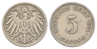 Германия 5 пфеннигов 1901 D KM 11, J. 12 медно-никель 4701-1029