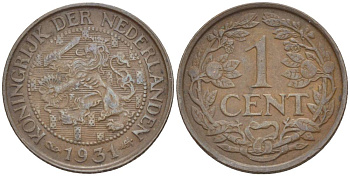 НИДЕРЛАНДЫ 1 ЦЕНТ 1931 ВИЛЬГЕЛЬМИНА I (1891-1948), РЕДКИЙ ГОД KM 152 бронза 4532-1046