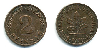 ФРГ 2 пфеннига 1970 G KM 106a, J.381a сталь плакированная медью 3999-1143