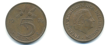 НИДЕРЛАНДЫ 5 ЦЕНТОВ 1974 ЮЛИАНА KM 181 бронза 83-852