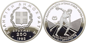 ГРЕЦИЯ 250 ДРАХМ 1982 ПАН-ЕВРОПЕЙСКИЕ ИГРЫ, АНТИЧНЫЙ ОЛИМПИЕЦ-ДИСКОБОЛ 1896 ГОДА, ПРОБА 900, ВЕС 14,4 ГР., ТИРАЖ 150000 ЭКЗ. KM 137 серебро PROOF 1080-1-34