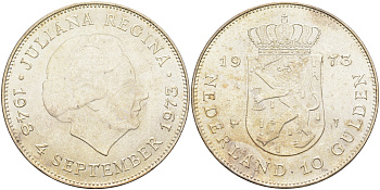 Нидерланды 10 гульденов 1973 25 лет правления королевы Юлианы KM 196 серебро 4368-714