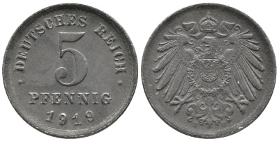 ГЕРМАНИЯ 5 ПФЕННИГОВ 1919 E KM 19, J. 297 железо 39-263