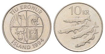 Исландия 10 крон 1994 рыбы KM 29.1 медно-никель 4691-241