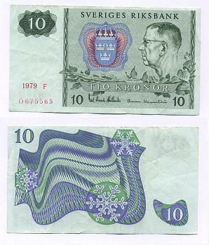 ШВЕЦИЯ 10 КРОН 1979 СЕРИЯ F, ГУСТАВ VI АДОЛЬФ Pick 52d бумага 6317-42-3