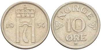 НОРВЕГИЯ 10 ЭРЕ 1954 ХАКОН VII (1905-1957) KM 396 медно-никель 211-1211