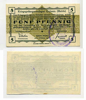 Германия 5 пфеннигов 1916 Голцерн (Мюльде), лагерь военнопленных C-3012 бумага aUNC 7555-50-4-1