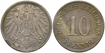 ГЕРМАНИЯ 10 ПФЕННИГОВ 1915 A J. 13, KM 12 медно-никель 73-1444