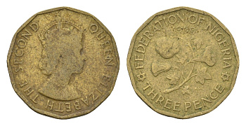 Нигерия 3 пенса 1959 год-тип KM 3 никель латунь 4585-1063