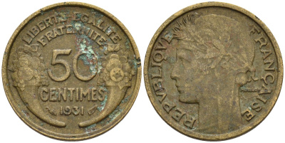 Франция 50 сантимов 1931 KM 894.1, Le Franc 192.15 алюминиевая бронза 4596-731