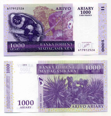 Мадагаскар 1000 ариари (5000 франков) 2004 лемур, животные, подпись 5 Pick 89 а бумага UNC (пресс) 8589-26-2-1