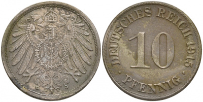 ГЕРМАНИЯ 10 ПФЕННИГОВ 1915 A J. 13, KM 12 медно-никель 73-1444