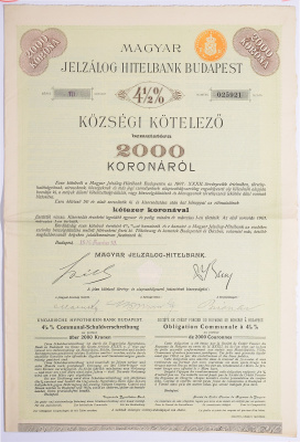 Австро-Венгрия облигация на 2000 корон 1911, HITELBANK 1909 на предъявителя, 4 1/2 % заем, с купонами, Будапешт   бумага   5548-26-2-2