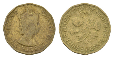 Нигерия 3 пенса 1959 год-тип KM 3 никель латунь 4585-1063
