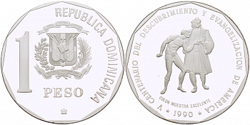 Доминиканская республика 1 песо 1990 500 лет открытия Америки, евангелисты KM 77а серебро PROOF 1068-2-12